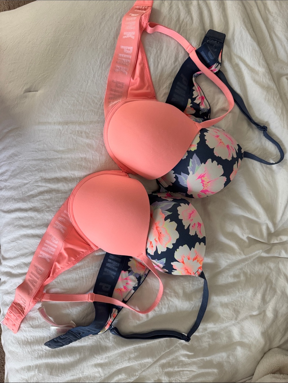 PINK Victoria's Secret Coral & Navy Floral Push-Up Bra